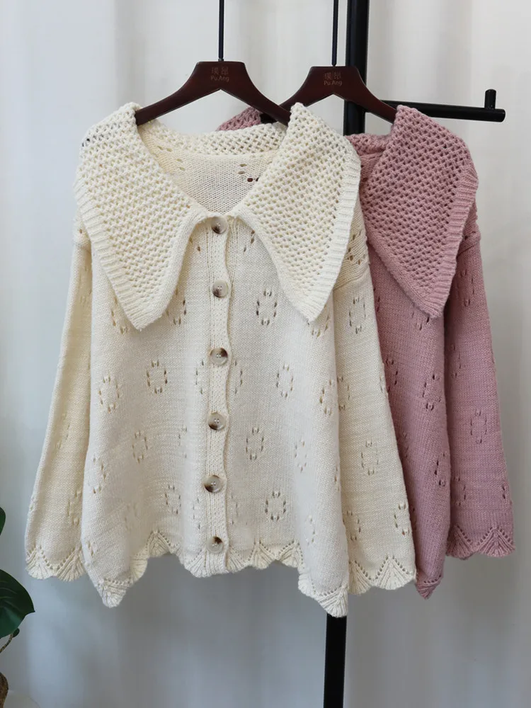 

Sweet Hollow Out Cardigans Women Gentle Cropped Spring Autumn Loose College Sweaters Ulzzang Aesthetic Teens Knitted Clothing