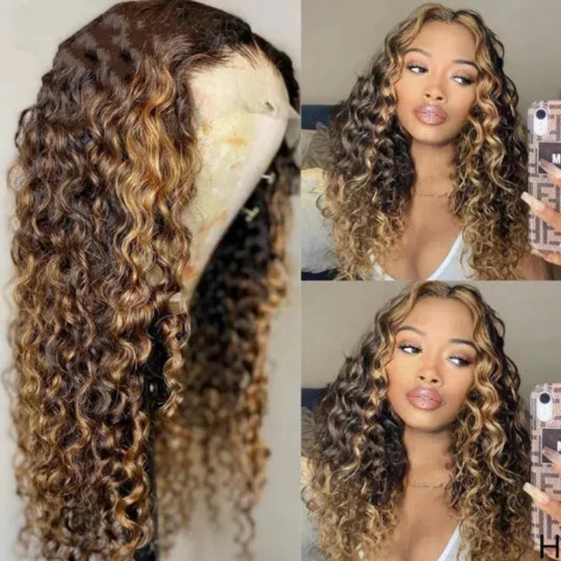 13x4 Transparent Lace Highlight Wig Deep Wave Honey Blonde Ombre Frontal Human Hair Wig