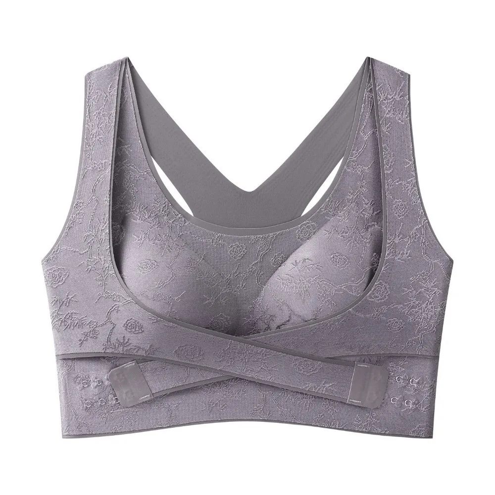 

Comfortable Embossed Floral Seamless Push Up Bra Side Clasp Cross Back Front Closure Bra Plus Size Gathered Wireless Bra Yoga