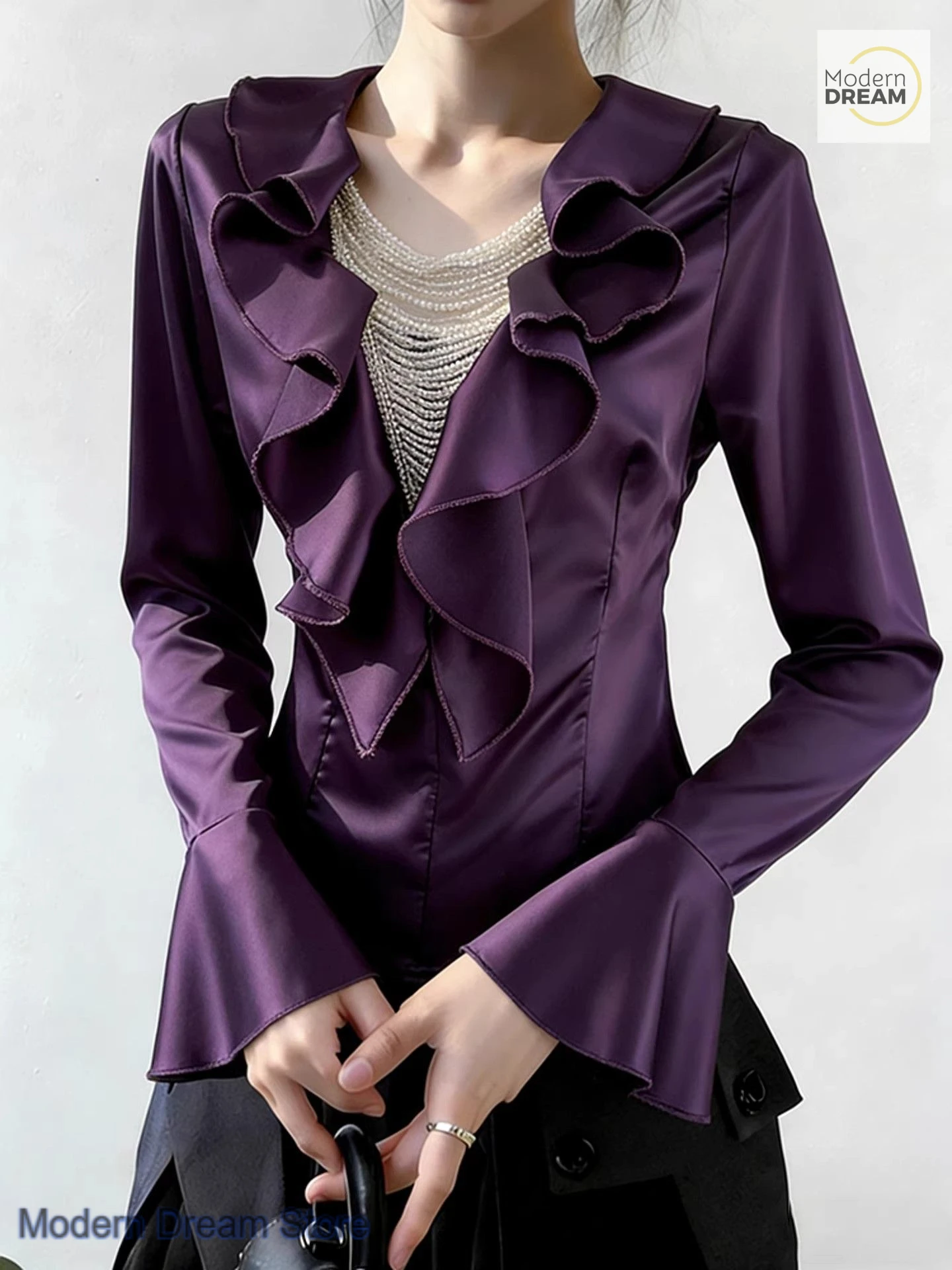 Korean fashion luxury chic purple shirt women's spring and autumn new unique beautiful super nice temperament casual top.