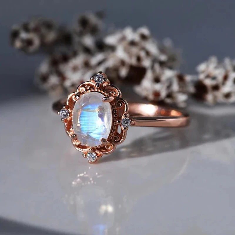 

Luxury Oval Shaped Moonstone 925 Sterling Silver Ring for Woman Adjustable Vintage Rings Blue Gem Stone Bridal Jewelry Gifts
