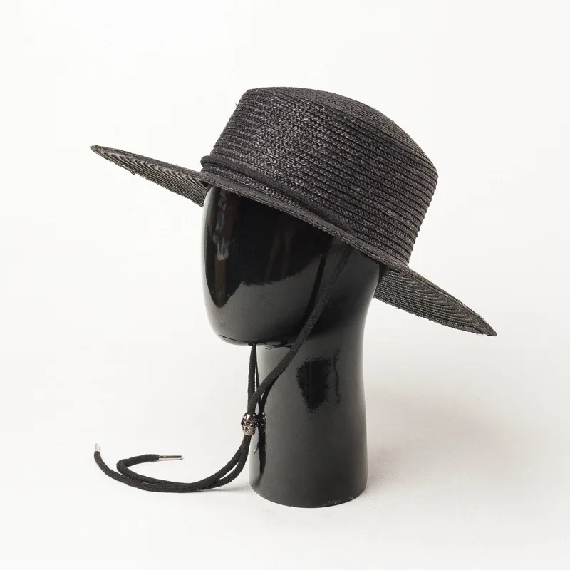 

New spring and summer black straw flat top hat with tie rope for women