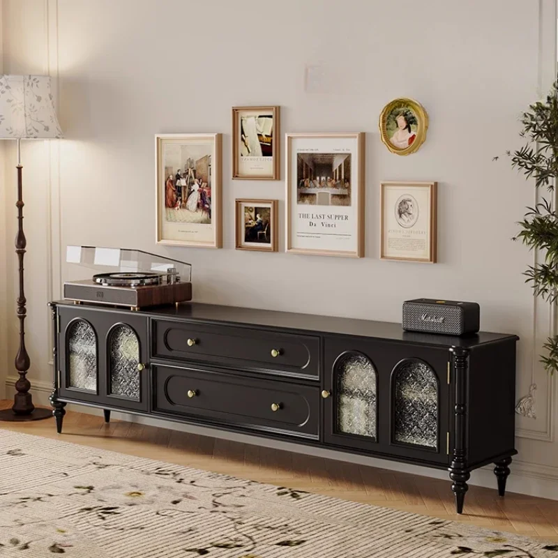 American retro black TV cabinet coffee table combination, new solid wood 2.2 meters French living room floor-to-ceiling home