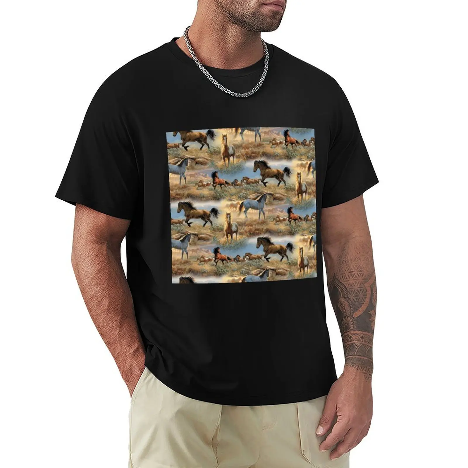 Horses in the Prairie Pattern T-Shirt Summer Holiday Casual Tee