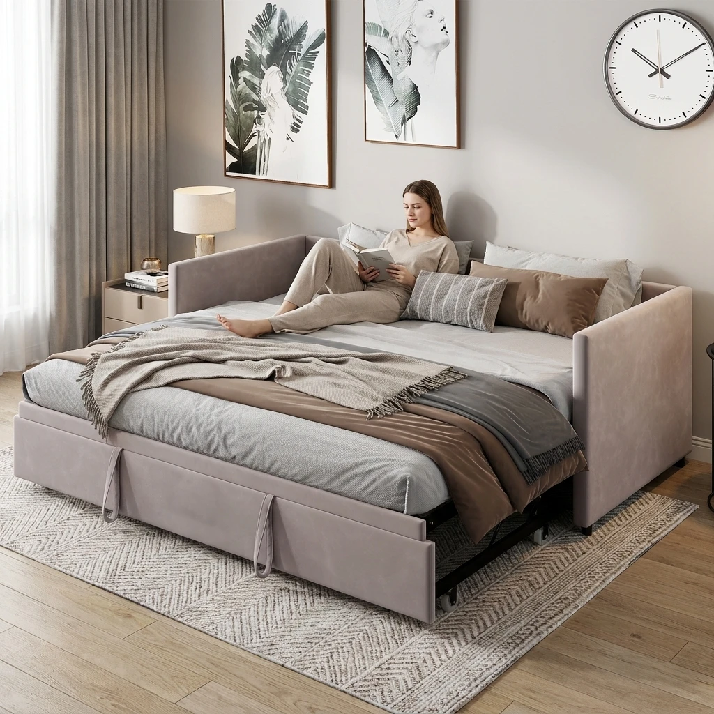 Divano letto imbottito Anajqaqia, dimensioni da 90×200 cm a 180×200 cm, divano letto multifunzionale 3 in 1, con base a doghe in legno massello e meccanismo a scomparsa con ruote, ideale per soggiorni