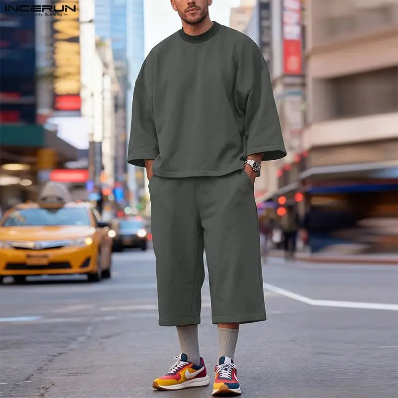 Conjuntos INCERUN para Hombre, Color Sólido, Talla Grande, Camiseta de Manga 3/4 y Pantalones, Conjuntos de Dos Piezas, Ropa Urbana 2026, Conjuntos Casuales Elegantes para Hombre