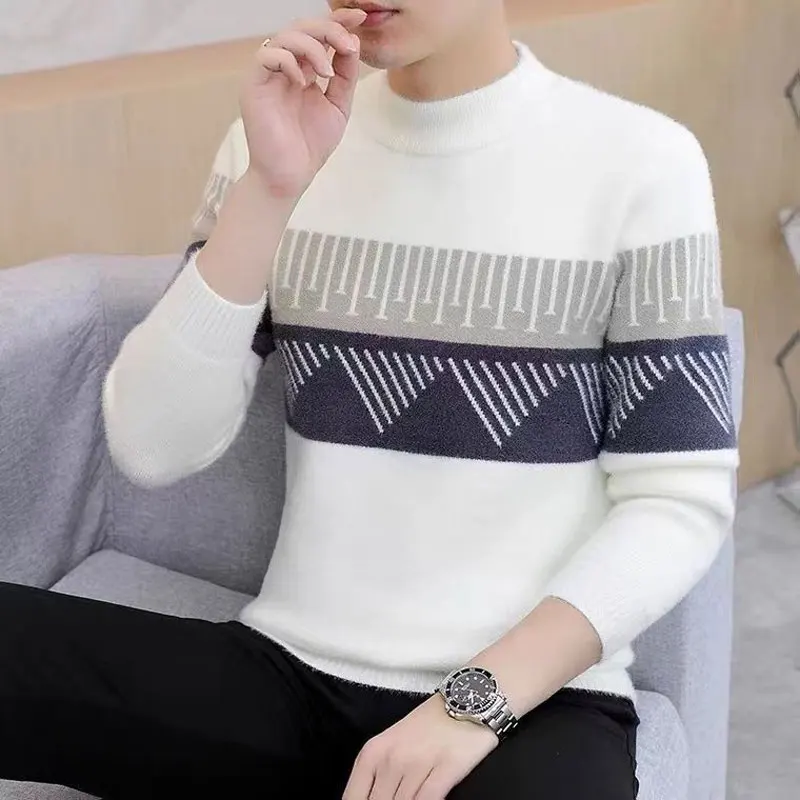 Autumn Winter Patchwork Sweaters Chic Jacquard Weave Men's Clothing Casual Half High Collar Contrasting Colors Knitted Pullovers