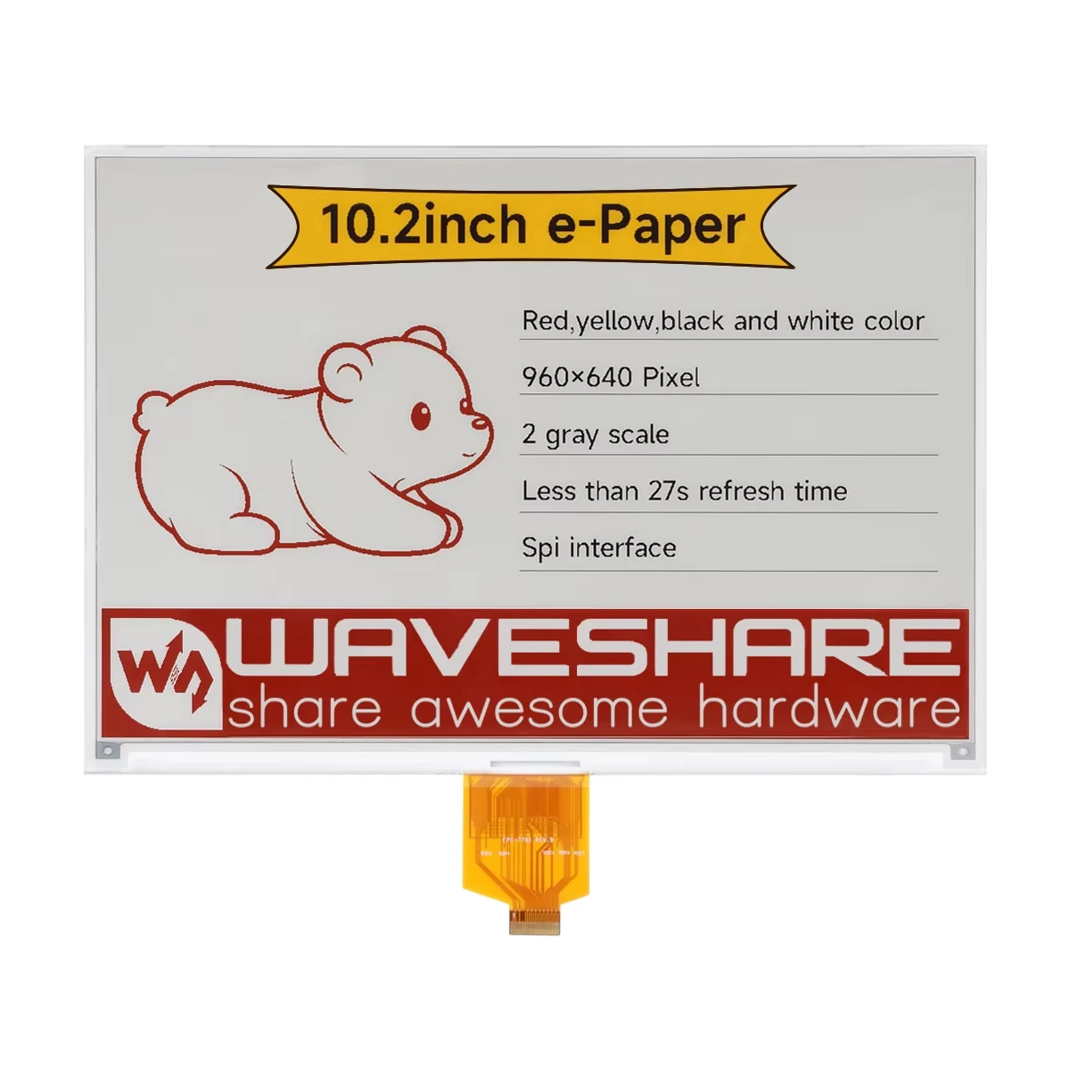 10.2inch e-Paper HAT (G, E-ink display, 960x640, Red/Yellow/Black/White, SPI Interface e-Paper, 5.65