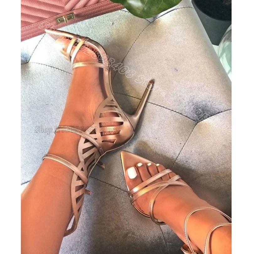 

Gold Ankle Buckle Stiletto Sandals Open Toe Solid British Style Party Dress Fashion Summer Women Shoes 2024 Zapatos Para Mujere