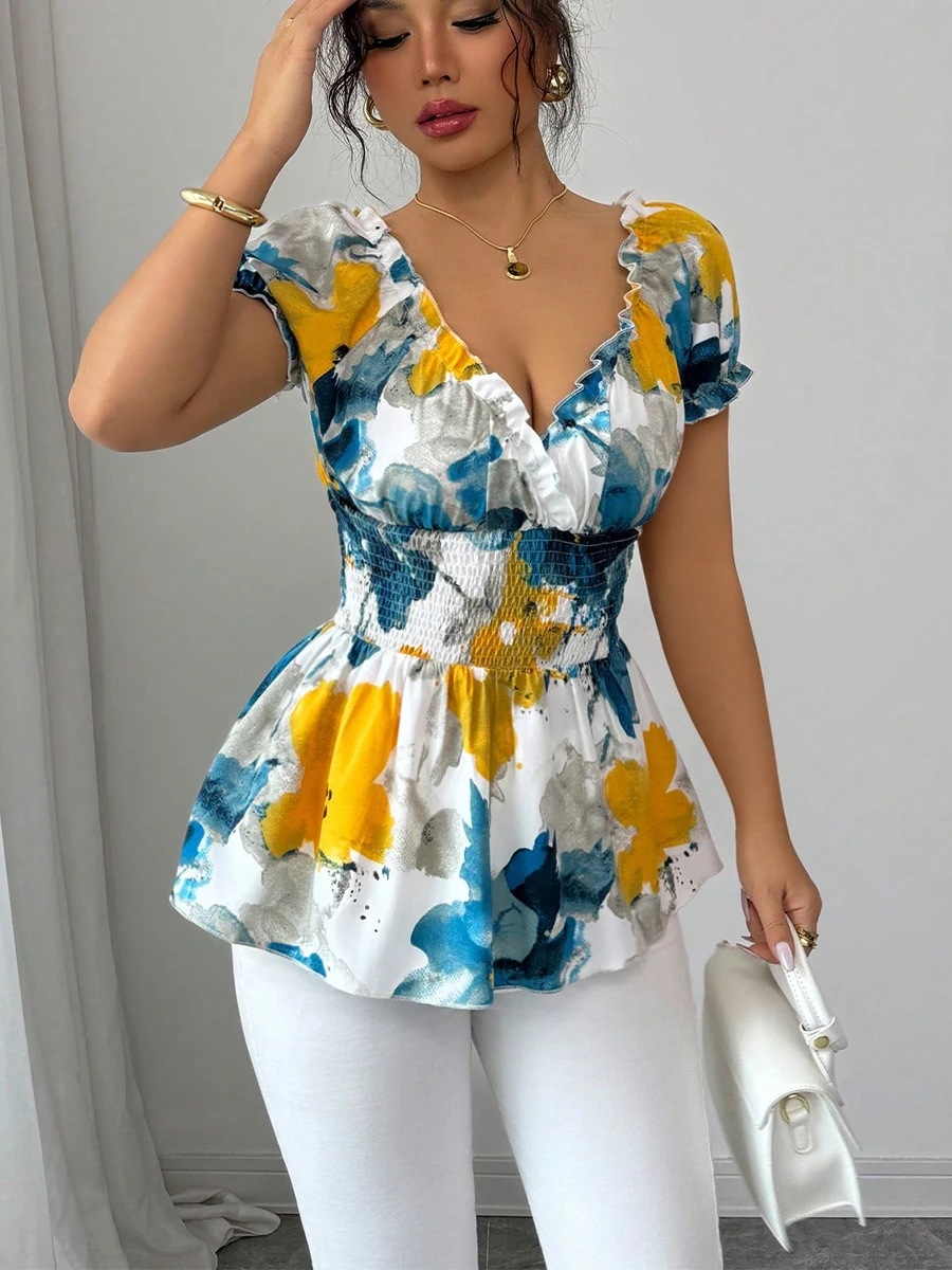 

European and American vacation style deep V-neck shirt cross-border foreign trade tie dye slim fit pullover top for women