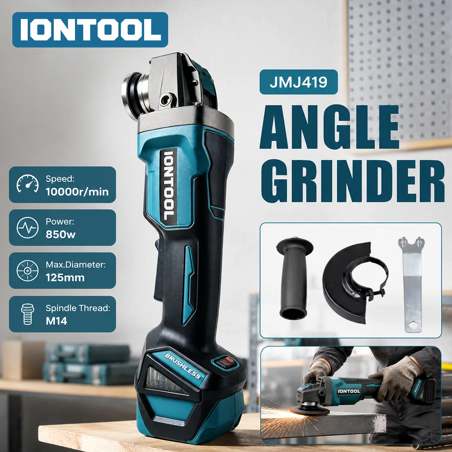 IONTOOL Angle Grinder 125mm 850W Ergonomic Front Handle High Speed Reliable For 18V Battery Home Polishing Tool