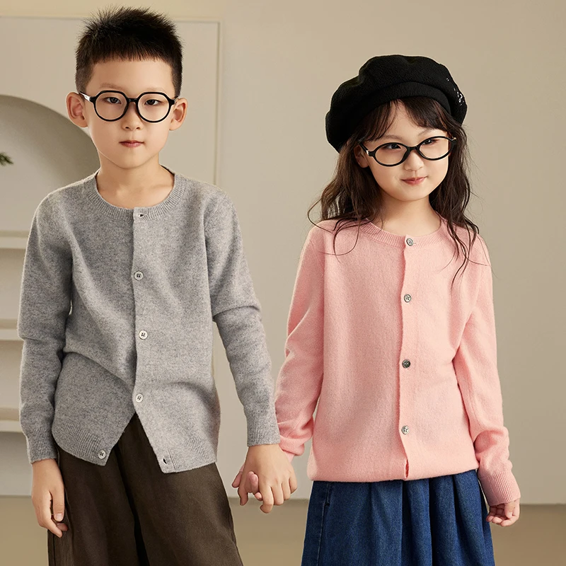 Children's O-neck 100% Pure Wool Cardigan Sweater Boys Girls Soild Single Breasted Basic Long Sleeve Knitted Jacket Versatile