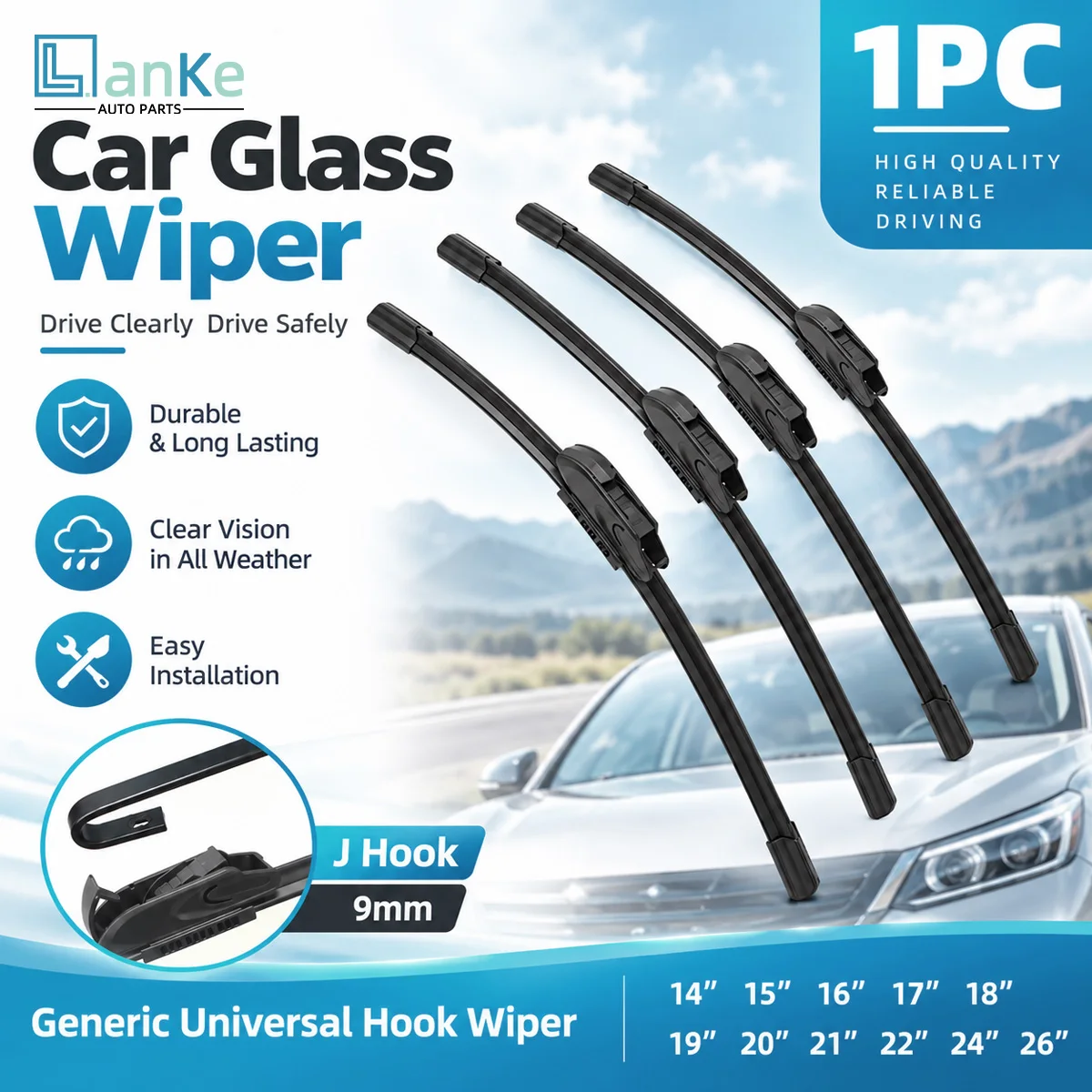 Lanke Universal J Hook Wiper Blade U Hook 9mm Car Front Window Wipers Replacement Wiping Weather Resistant Auto Accessories