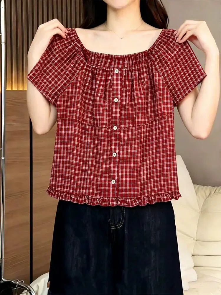 

Adorable Style Plaid Square Collar Short Sleeve Shirt Women Summer New Sweet Meat Conceal Slimming Elegant Beautiful Top