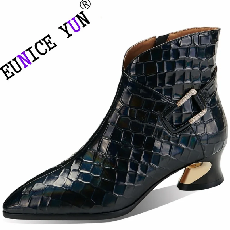 【EUNICE YUN】Women Brand Genuine Leather Ankle Boots  Winter New  Back Zipper High Heels Party Basic Shoes 34-40