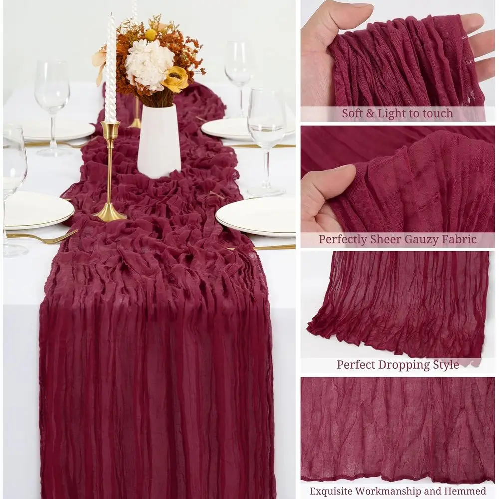 10FT Burgundy Boho Table Runners, Set of 24, 35x120 Inch for Weddings, Parties, and Holidays