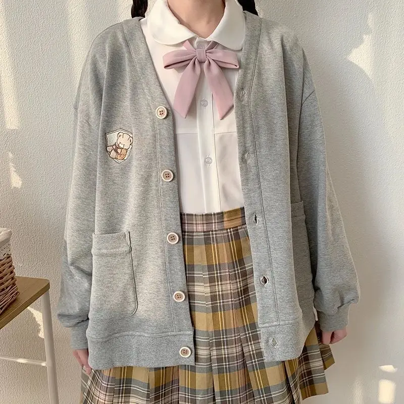 

Kawaii Japanese Style Gray Hoodie Korean Fashion Preppy Cute Bear Embroidery Button Up Sweatshirt JK Girly Sweet