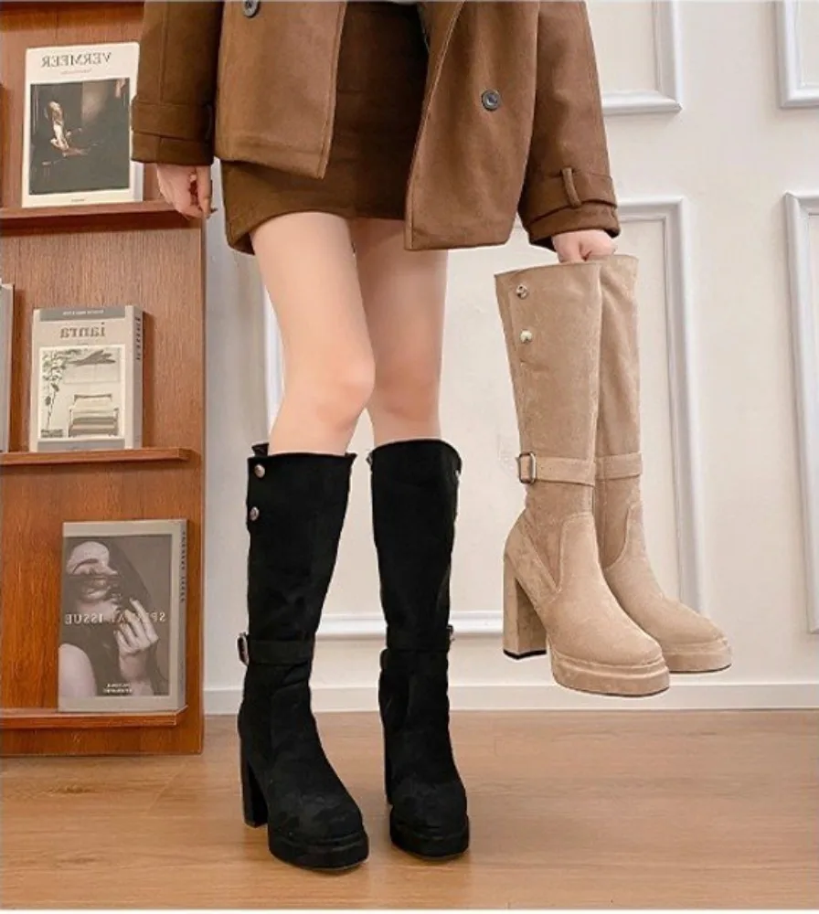 Trendy Sweet‑Edgy Knight Knee‑High Boots, Side Zipper Platform Block Heel Height‑Boosting Slim‑Fit Versatile Fashion Women Boots