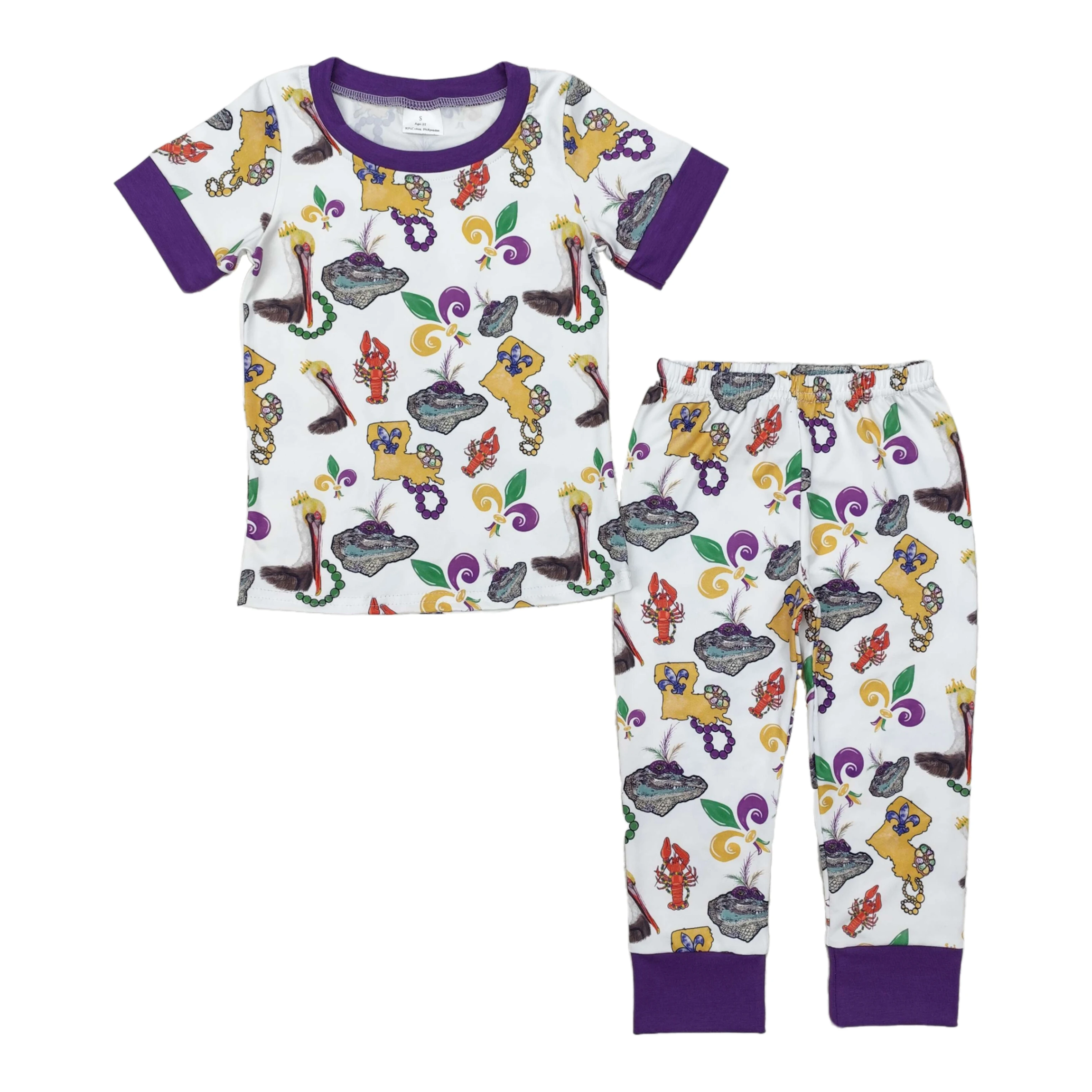 

Wholesale Toddler Infant Short Sleeves Shirt Pants Children Nightwear Purple Outfit Baby Boy Clothes Kids Mardi Gras Pajamas Set
