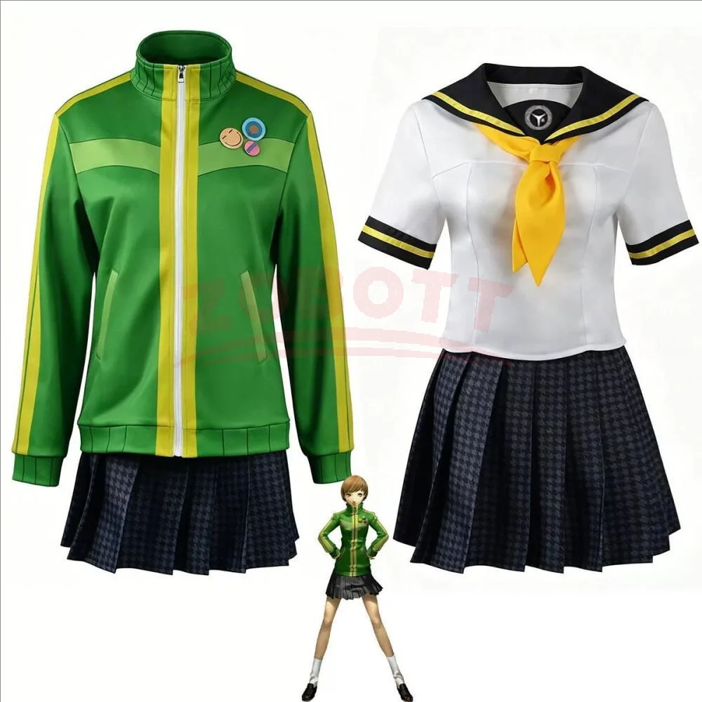 Frauen Chie Satonaka Persona 4 Cosplay Outfit Yasogami JK Sportuniform Grüne Oberbekleidung Passende Perücke Comic Con Kleid