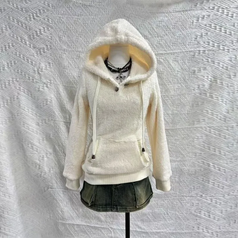 Moletom com Capuz de Fleece para Mulheres, Solto, Sólido, Manga Longa, Casaco Fuzzy, Estilo Preppy, Top Grosso e Doce Harajuku Y2K, Hoodie Coreano Kawaii