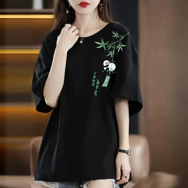 Women Summer Korean Loose Fashion All-match Printing Pure Cotton O-neck Short Sleeve T-Shirt Ladies Fashion All-match Trend Tops