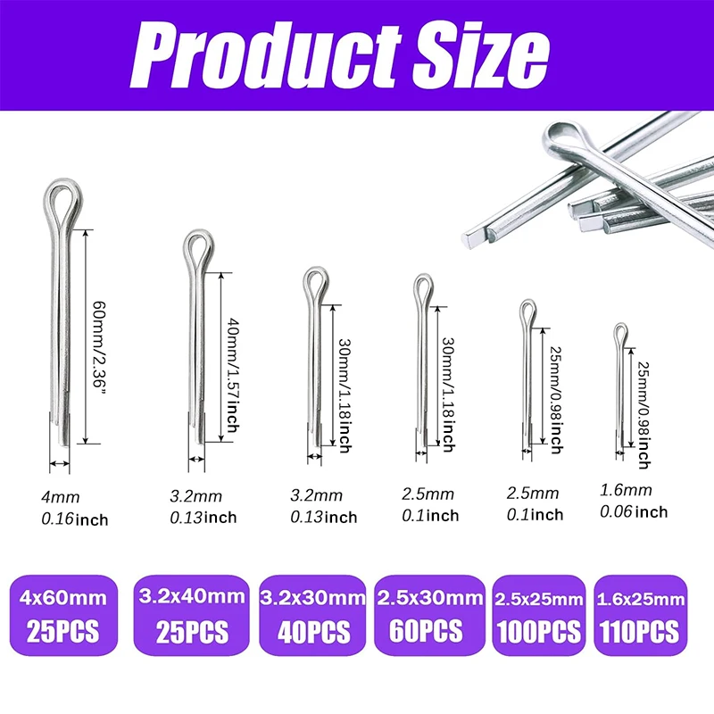 360PCS Cotter Pin Assortment Kit, 6 Sizes Stainless Steel Cotter Pins Set, Split Pin Fastener Clips for Car Mechanics