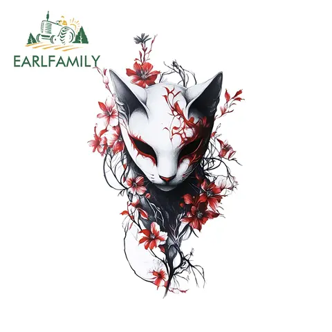 EARLFAMILY Japanese Fox Mask With Flowers Car Stickers Artistic Fuel Tank Cap Windshield Decals Vintage Waterproof Car Accessory