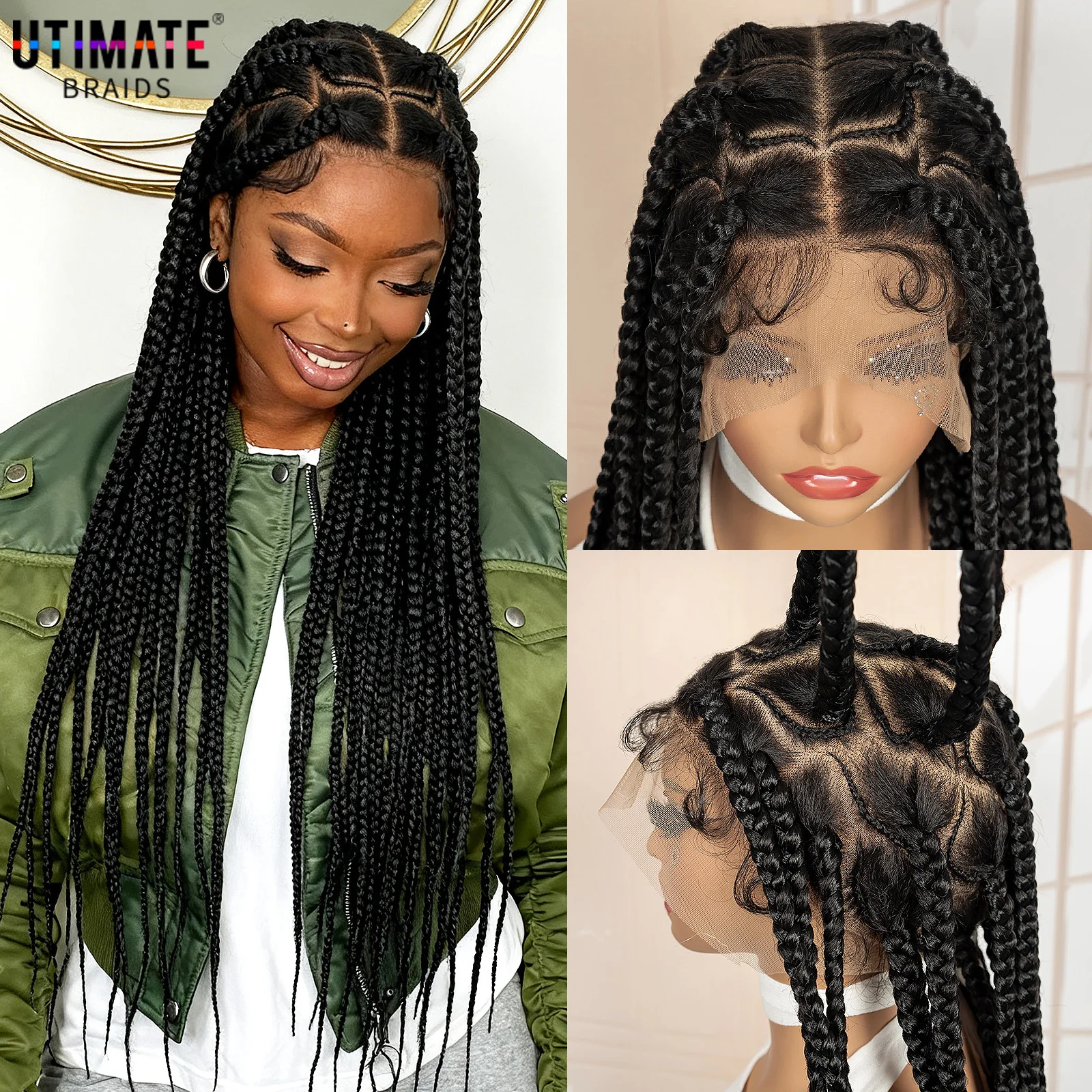 

Synthetic Full Lace Braided Wigs for Black Women 32 Inch Knotless Braided Wigs Handmade Natural Box Braids Wig