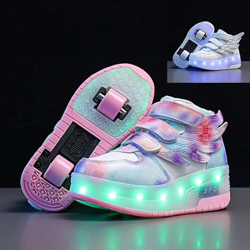 Children Roller Skate Casual Sport Shoes Girls Boys LED Charging Luminous Wings Shoes USB Colorful Light Shoes With Two Wheels