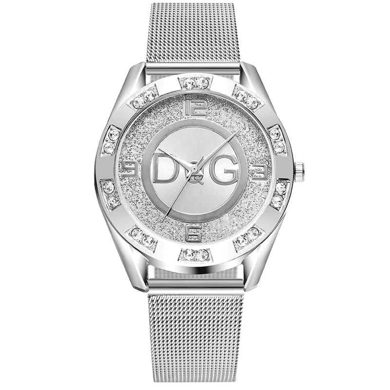 Dqg-Relógio de quartzo de cristal de luxo para mulheres, ouro, prata, aço inoxidável, relógio feminino, moda feminina