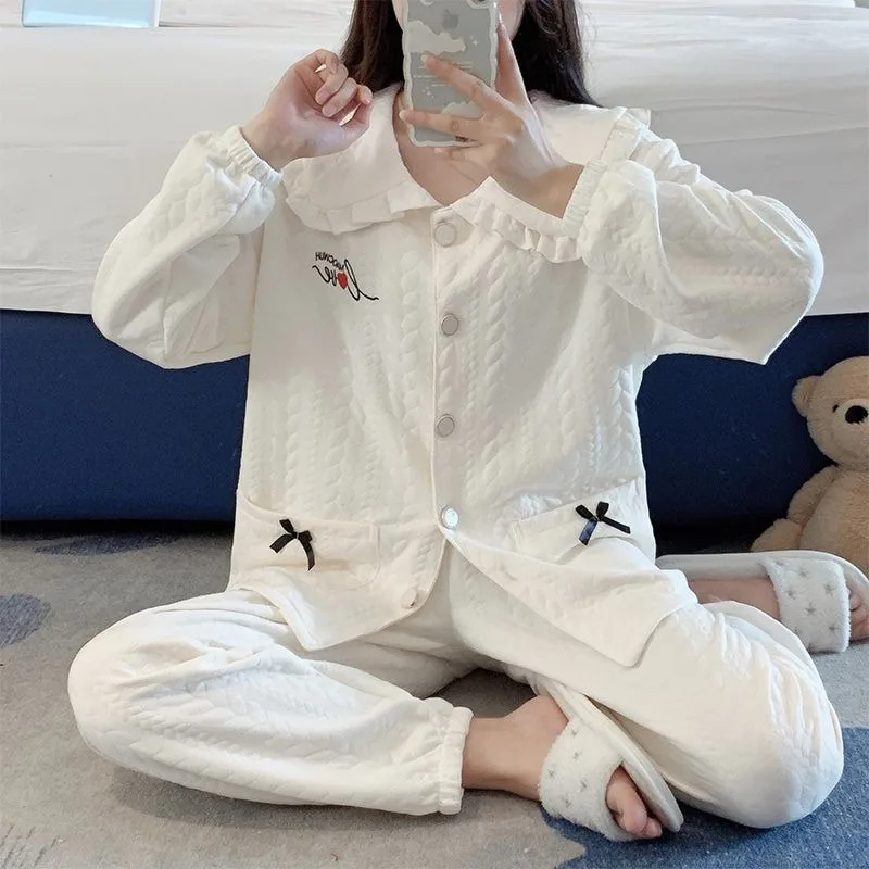 2023 New Thickened Cotton Pajamas Women Pure Cotton Loungewear Autumn Winter Sweet Sleepwear Air Layer Falbala Homewear Set