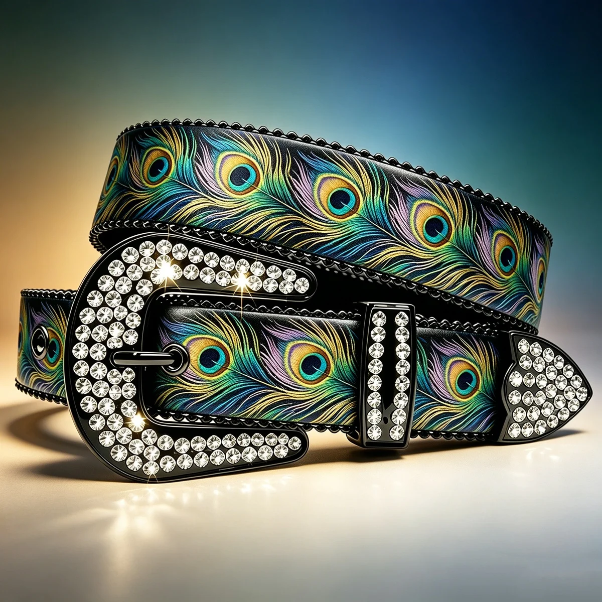 

Colorful Peacock Feather Print Rhinestone Waist Belt Unisex Fashion Accessory for Men Women Daily Decorative Waist Belt