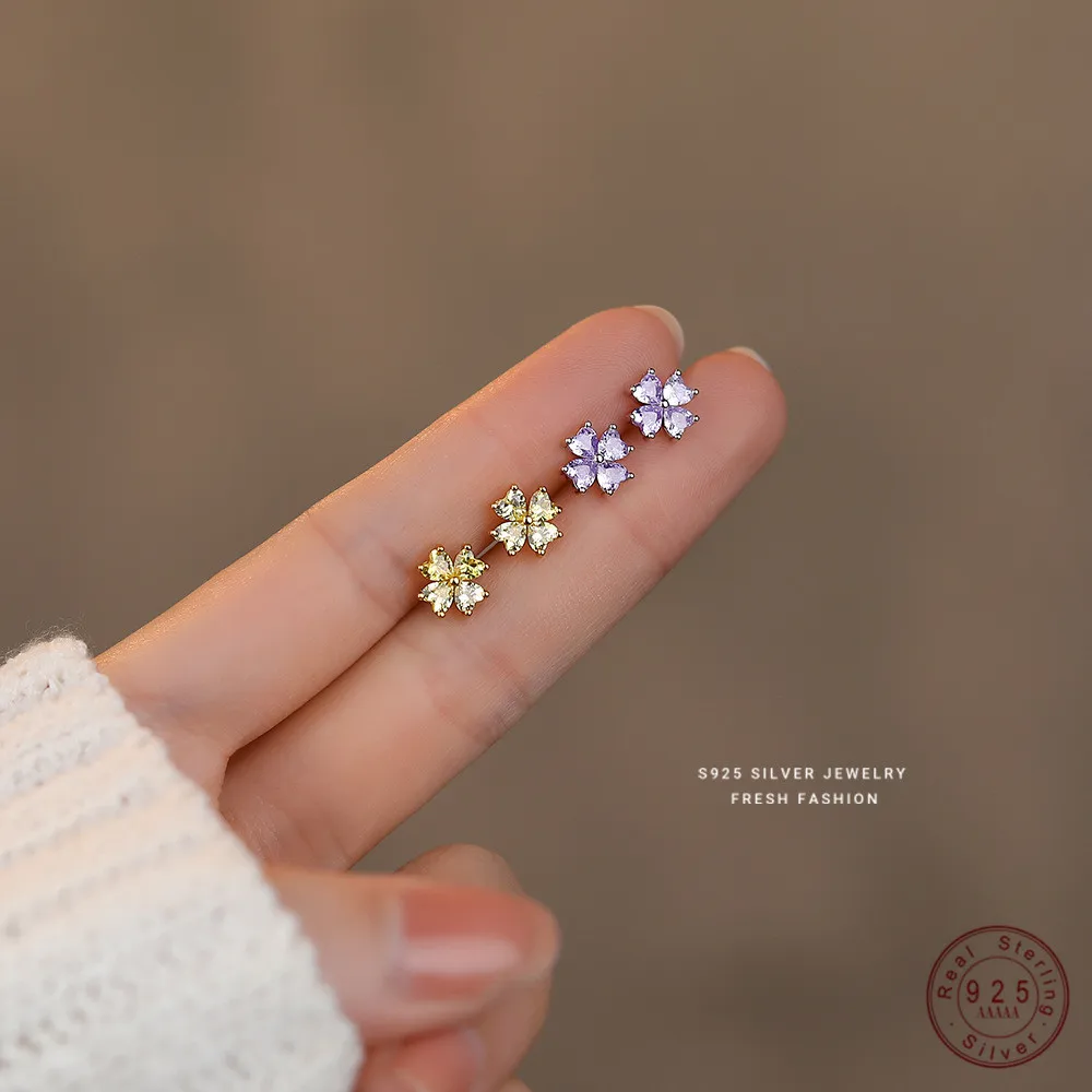 

925 Sterling Silver Colored Zircon Flower Stud Earrings for Women Korean Small Delicate Daily Jewelry