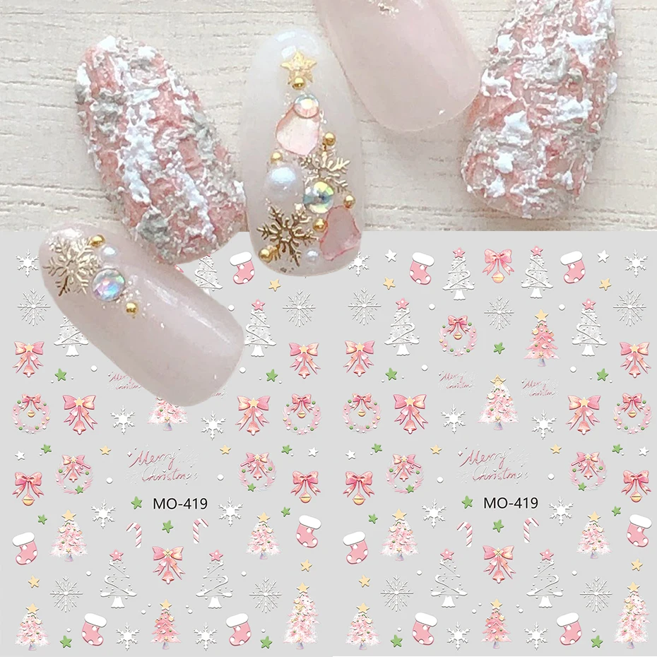 Pink Christmas Fantasy Nail Stickers - Pink Style Sparkling Snowflake Christmas Tree Nail Decals Self-Adhesive 3D Nail Supplies