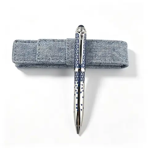 Vintage Blue Geometric Pattern Metal Ballpoint Pen With Denim Pen Sleeve Luxury Writing Business Office Gift Pen