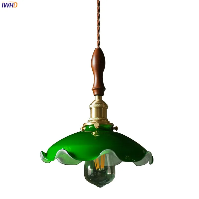 

IWHD Wood Hangle Copper Hanging Lamp Green Glass Lampshade America Vintage Style LED Pendant Light Fixtures Home Decor Edison