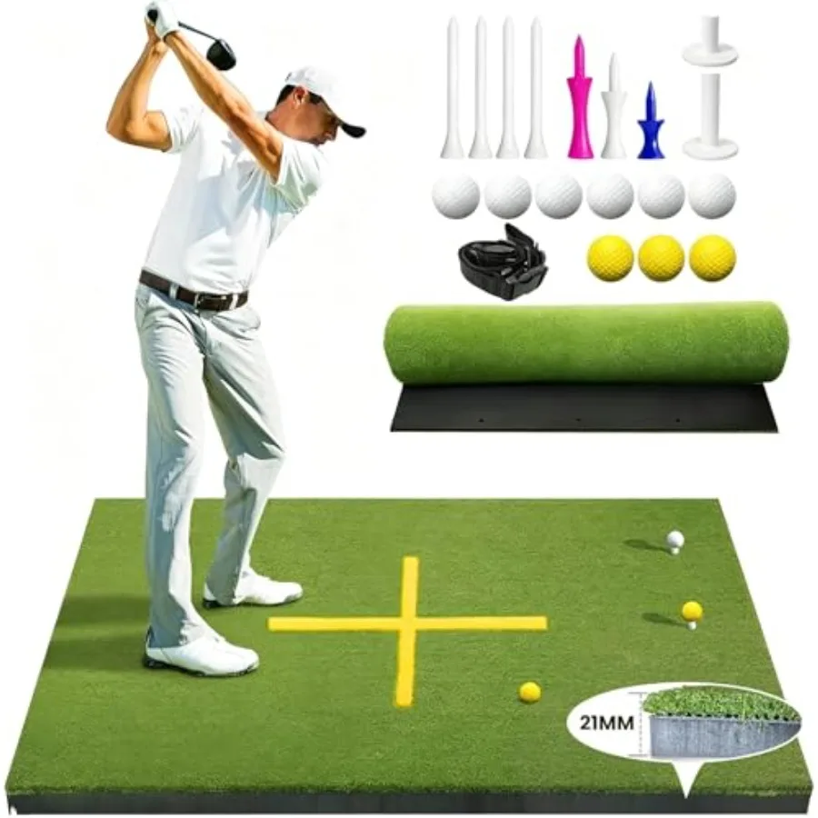 

Golf Hitting Mat 5x4ft, Golf Mats Practice Outdoor 21mm Artificial Turf Practice Mat with 9 Tees, Durable EVA Backing for Indoo
