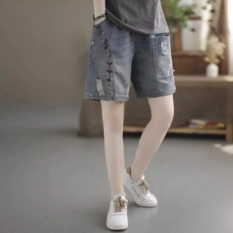 Women Summer Korean Fashion Loose Large Size Appear Thin Embroidered High Waist Wide Leg Ladies Clothes Casual Quarter Shorts