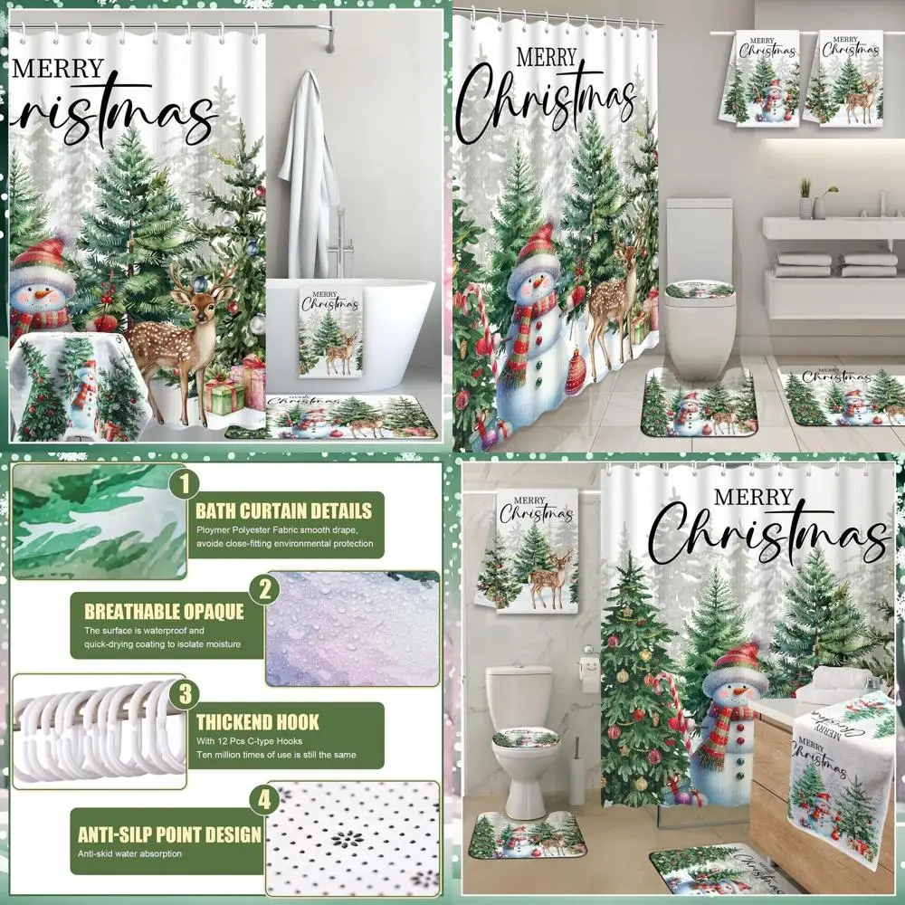 

White Snowman Christmas Bathroom Set: Shower Curtain, Rug, Bath Mat, Toilet Lid Cover, 2 Towels, 12 Hooks