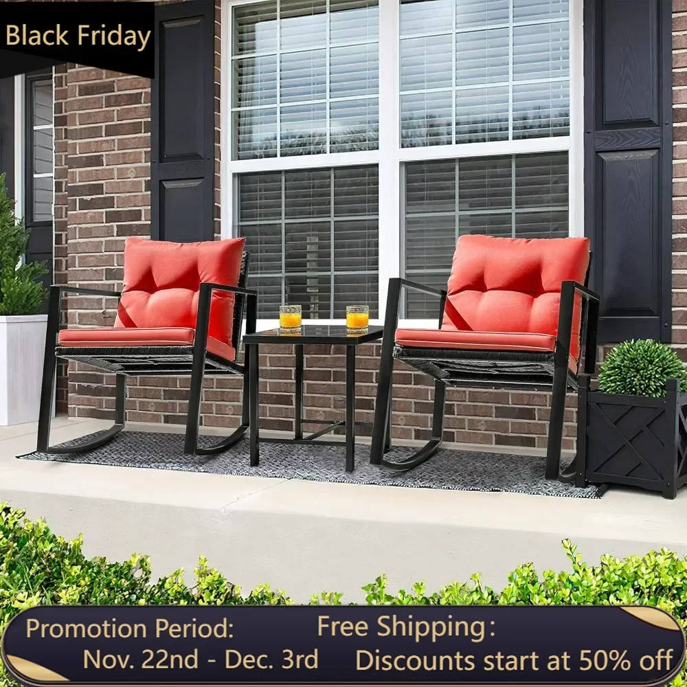 

3-piece courtyard furniture set, modern outdoor rocking, PE rattan chair conversation set with coffee table (red)