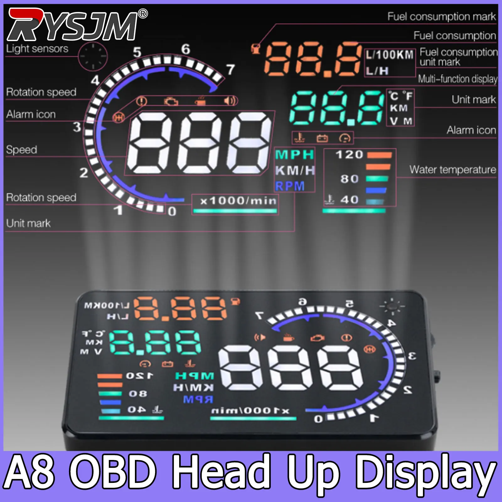 

Автомобильный проекционный дисплей (HUD) A8 OBD: тахометр, спидометр с функцией оповещения о превышении скорости, электронные автоаксессуары