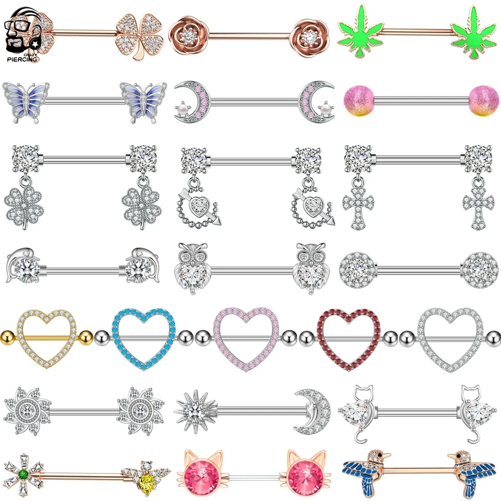 14G Titanium Stainless Butterfly Cat Crystals CZs Shield Barbell Nipple Rings Mixed-Style Heart Flower Dangled Nipple Piercing
