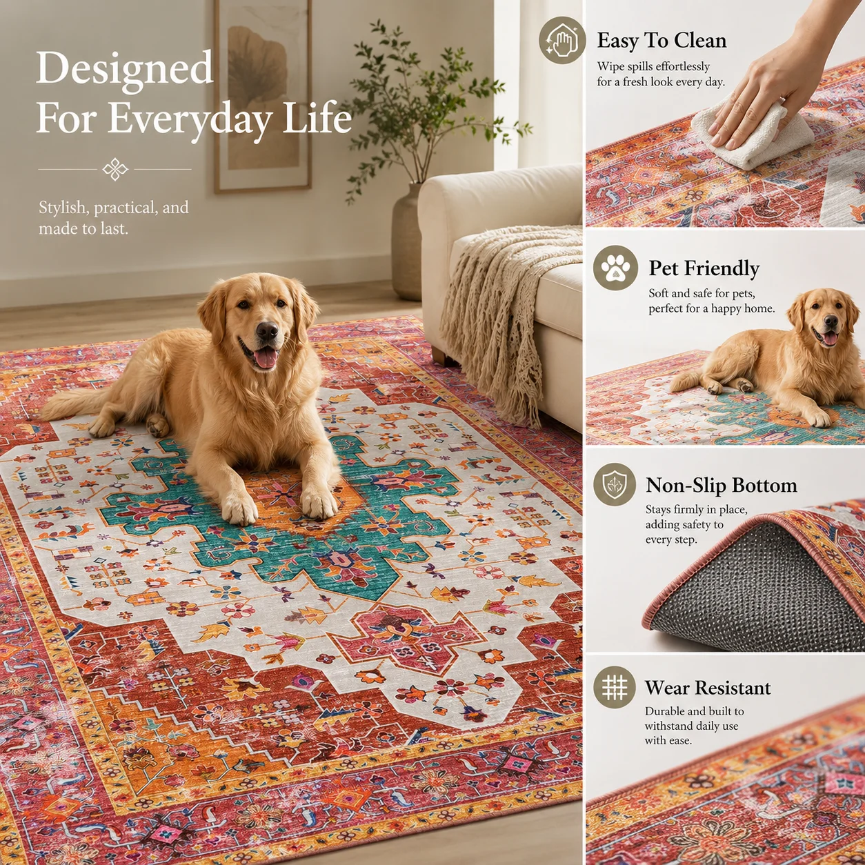 Vintage Persian Rug for Living Room Bedroom Area Rugs Non-slip Washable Coffee Table Carpet Dirt-resistant Hotel Homestay Decor