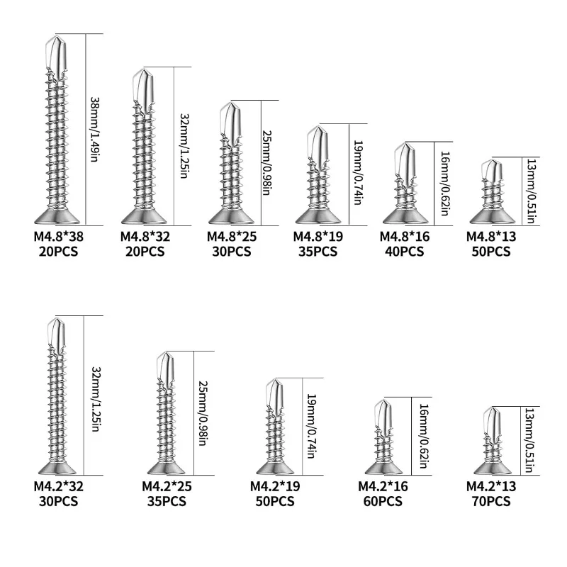 440Pcs Self Tapping Screws Metal, M4.2 M4.8 Stainless Steel Flat Head Cross Slotted Phillips13-38mm Self-Drilling Screws