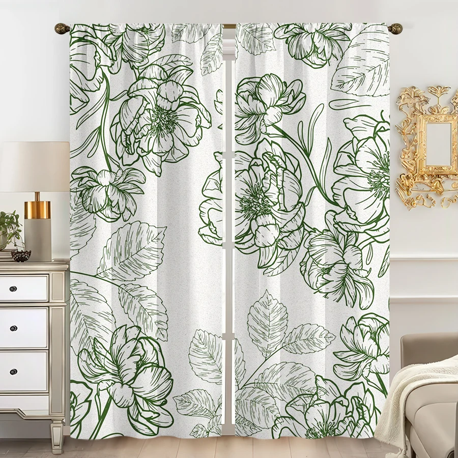 2PCS Multicolor Green Line Art Floral Pattern Curtains Rod Pocket Design For Bedroom And Living Room