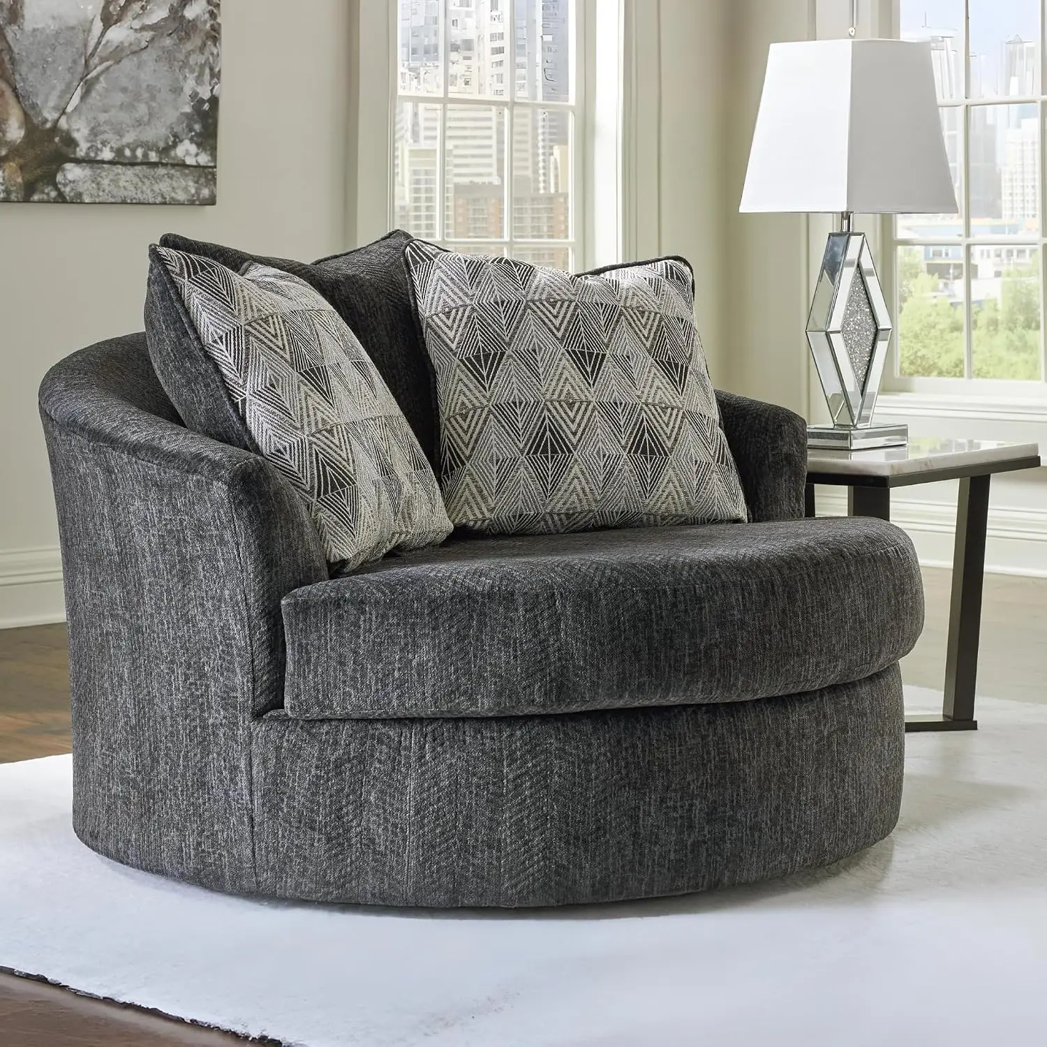 Biddeford Transitional Upholstered Oversized Swivel Accent Chair with 3 Accent Pillows, Charcoal