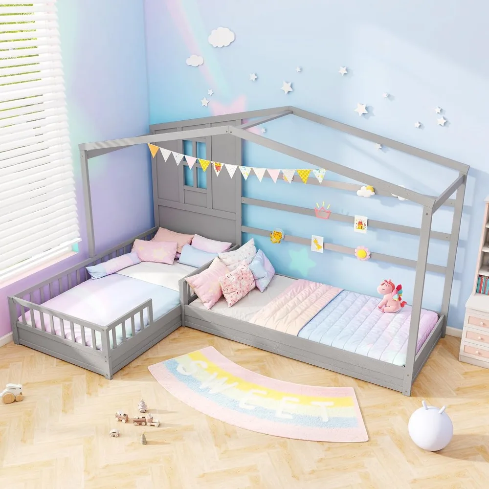 Double Twin Beds for Kids, House L-Shaped Platform Beds with Window & Fences, Corner Montessori Bed Frame, No Box Spring Needed