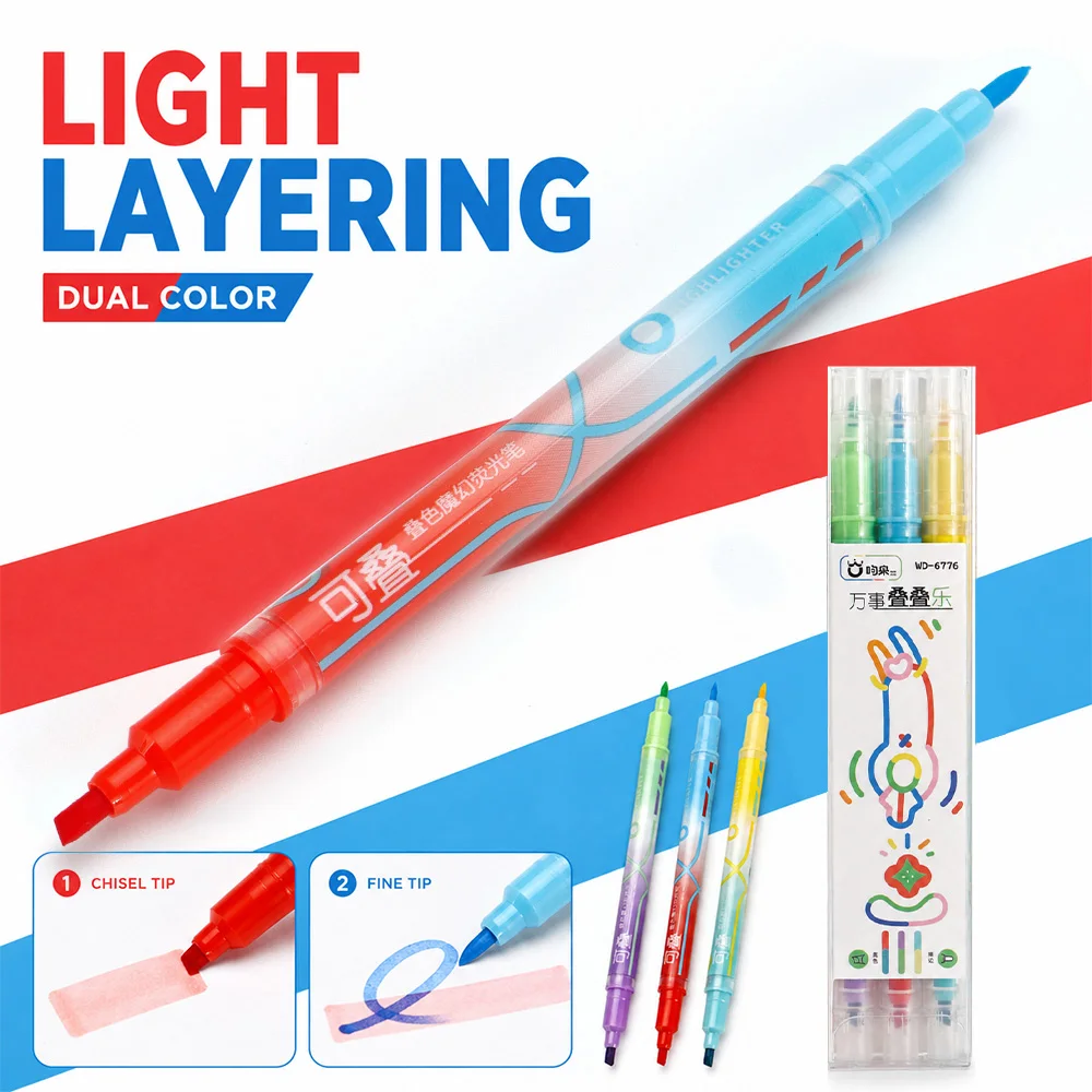 3 Pcs Dual Tip Layerable Highlighter Pen Set Chisel & Fine Tip Fluorescent Markers Artistic Creation DIY Crafts Journal Decor
