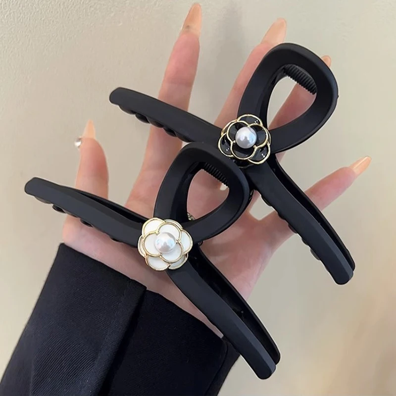 1pc black matte camellia grab clip large elegant French hair clip, the back of the head coil hair premium shark clip hair grip image 3
